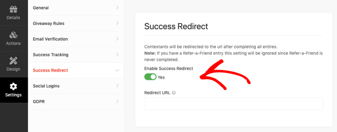 RafflePress Success Redirect Setting